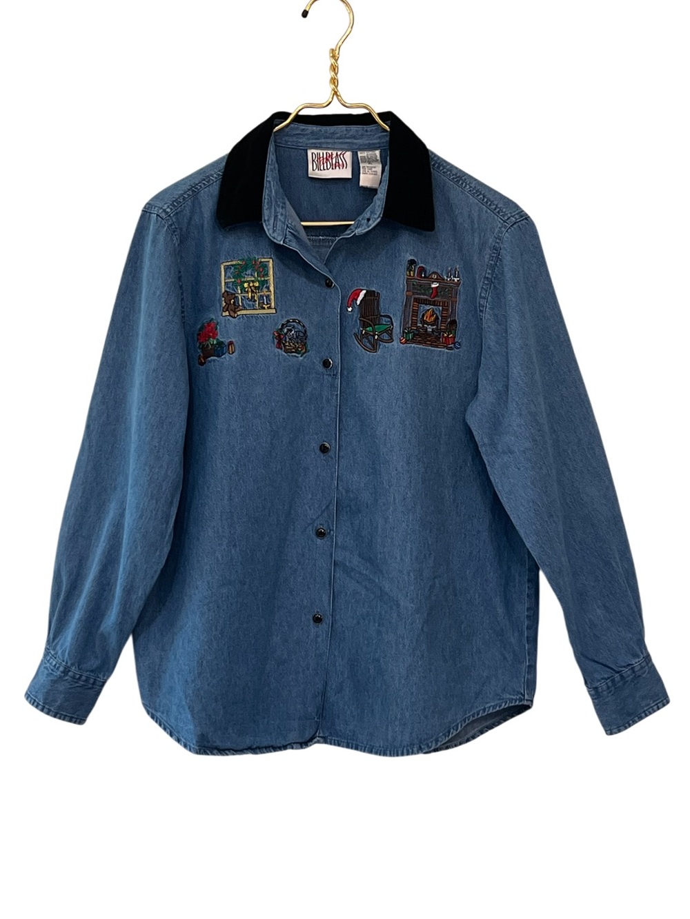 Bill Blass Vintage 90s Christmas Embroidered Denim Shirt Petite L